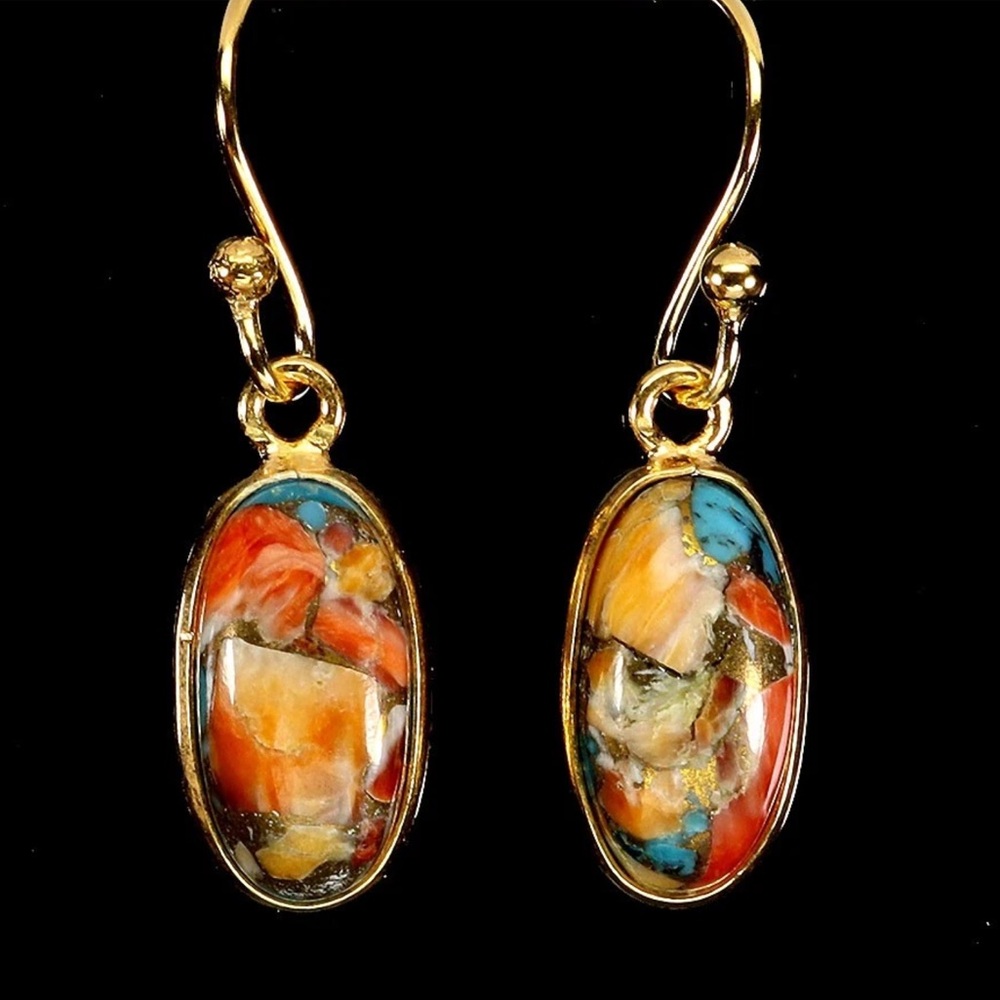 14K yellow gold/925 silver Kingman turquoise Multicolor Dangle Earrings NEW